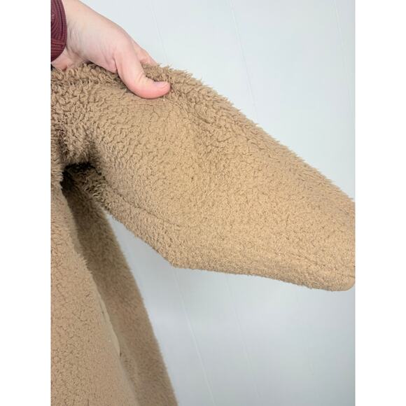 Uniqlo Tan Teddy Coat Womens Small Longline Fleece Sherpa Jacket No Collar - Picture 6 of 13
